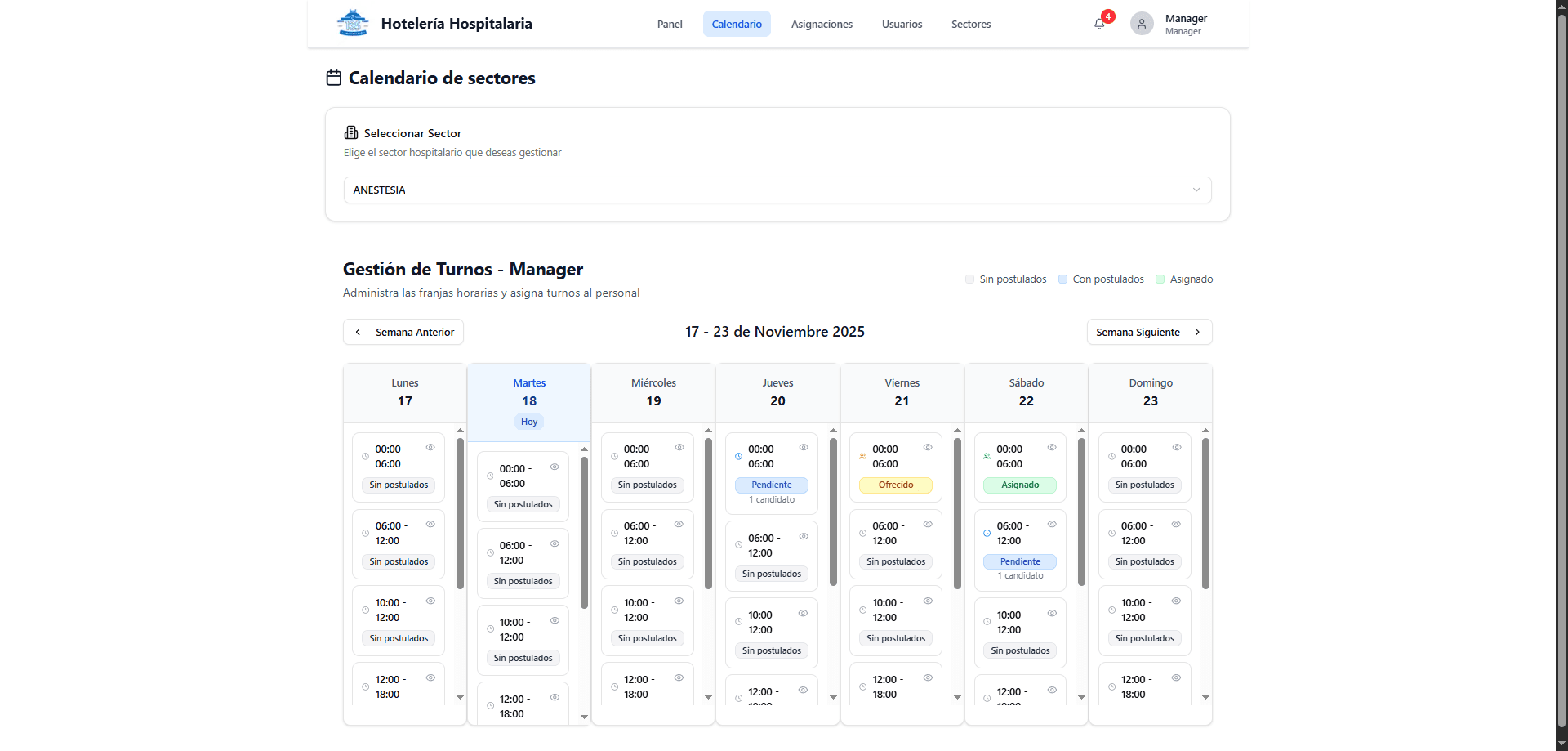 Calendario de turnos con seguimiento de cobertura