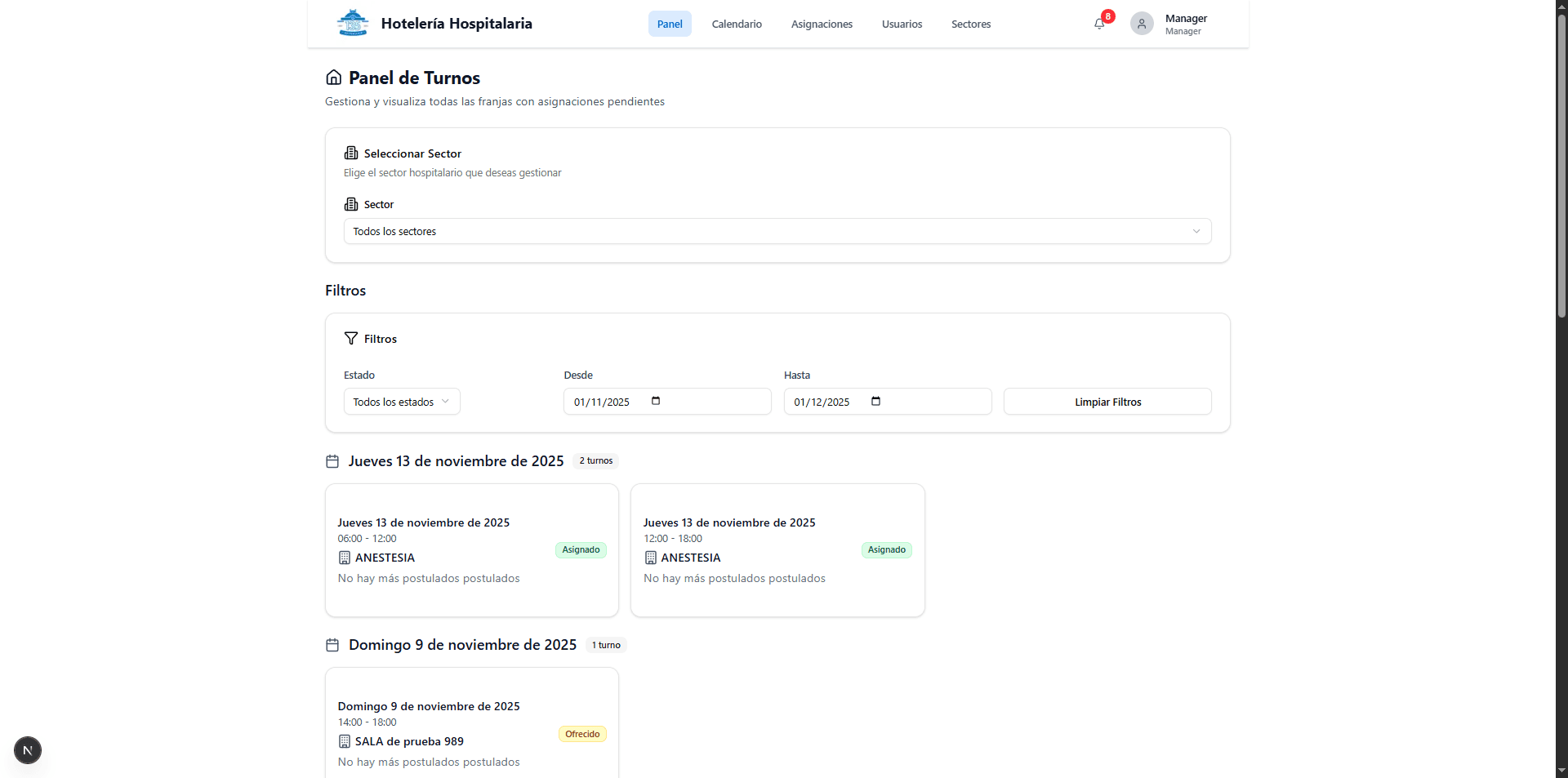 Dashboard de gestor mostrando turnos y postulados