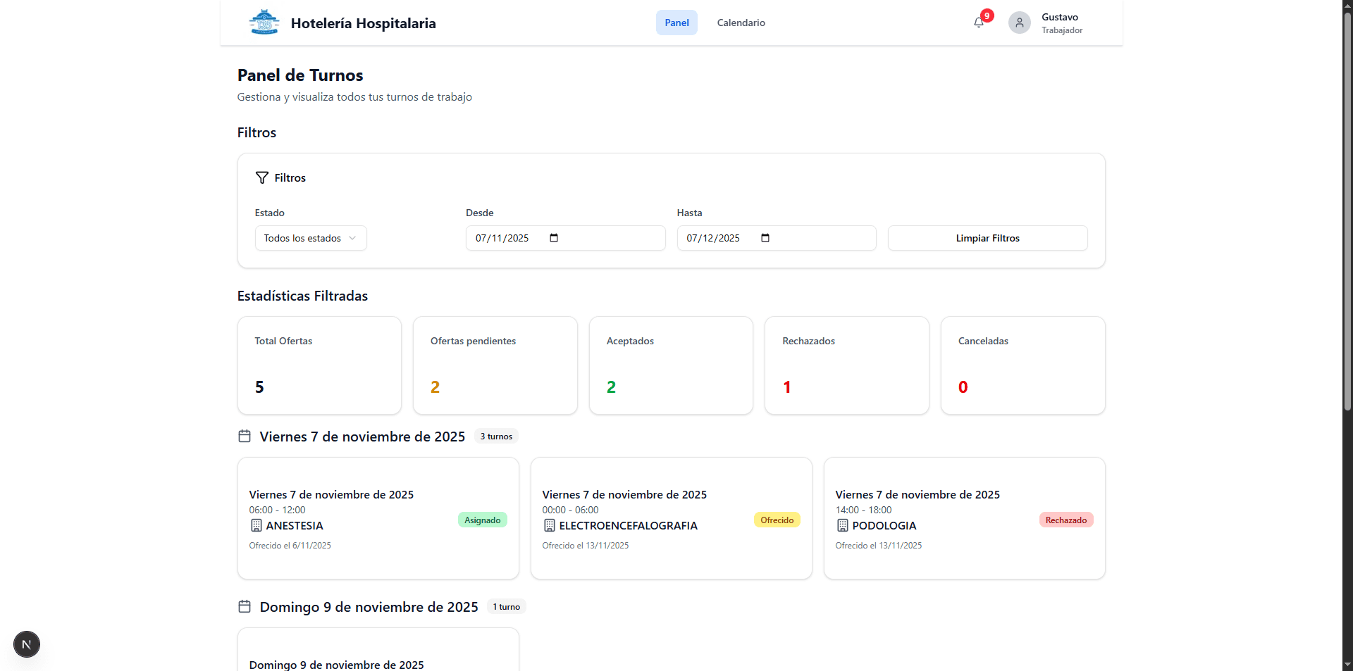 Dashboard de trabajador mostrando turnos disponibles y postulados