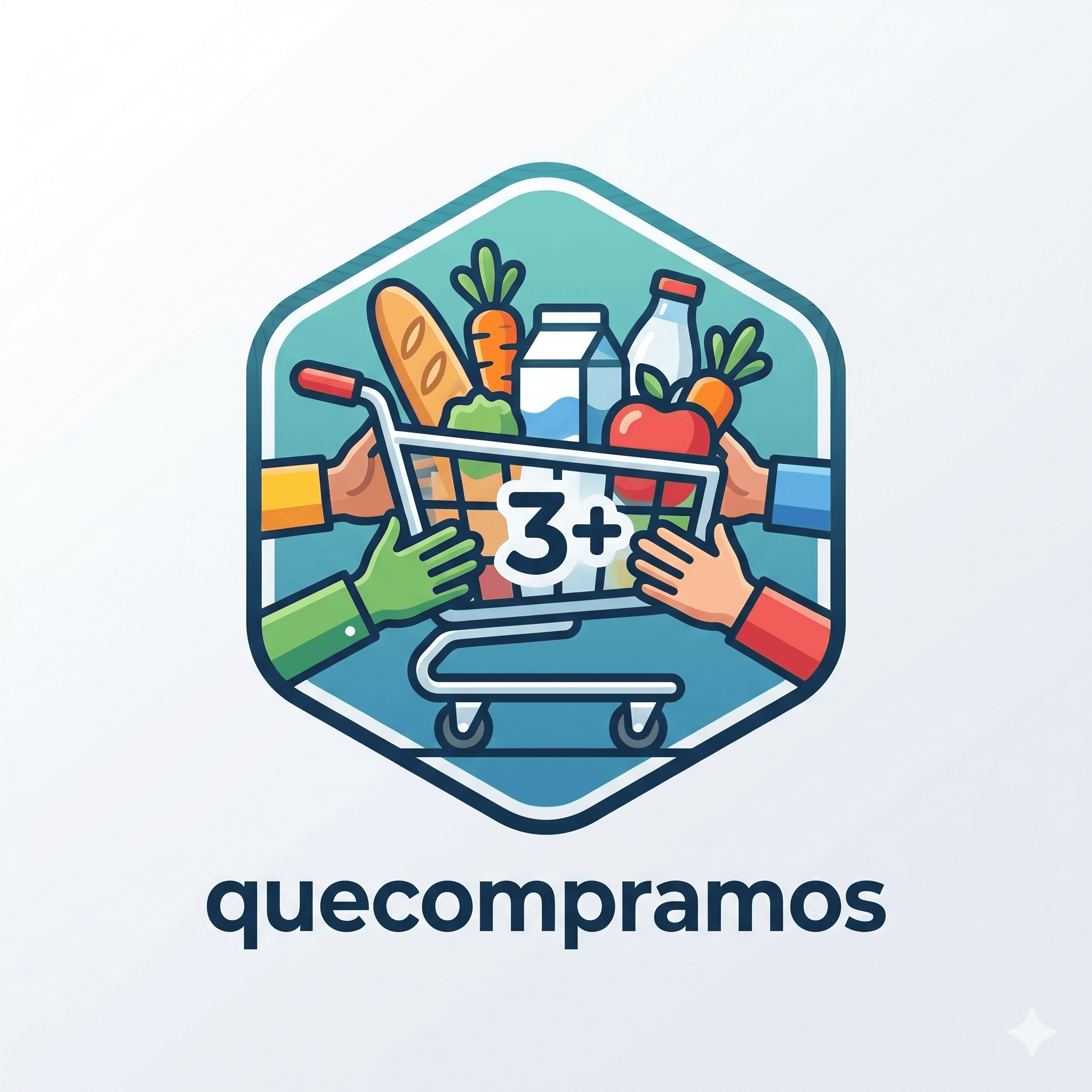 Logo de QueCompramos con una bolsa y carrito de supermercado colaborativo